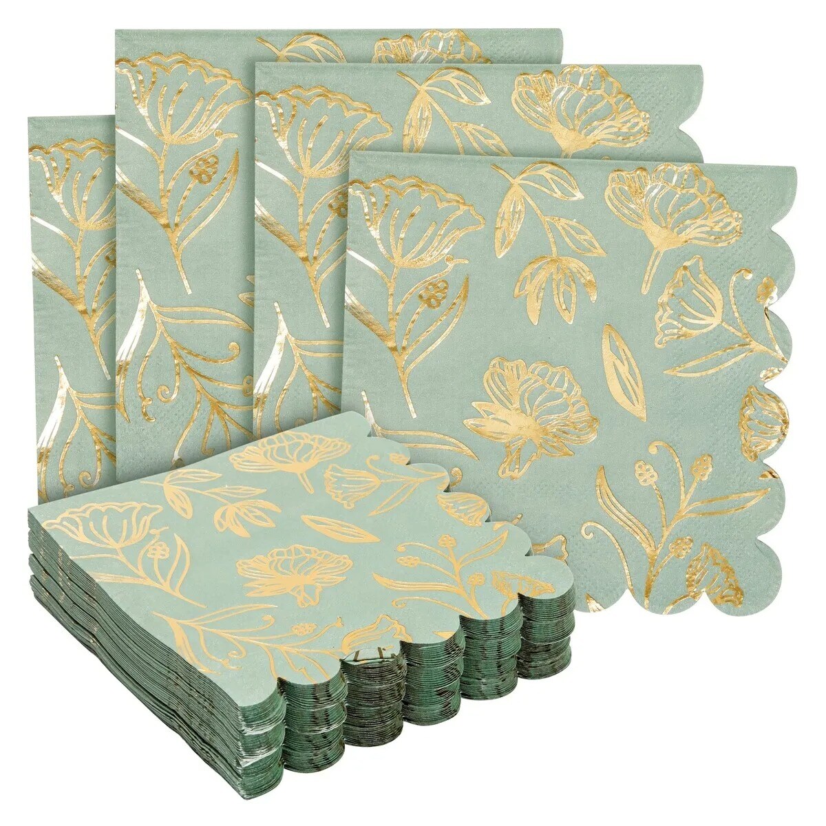 50 Pack Green Floral Scalloped Cocktail Napkins