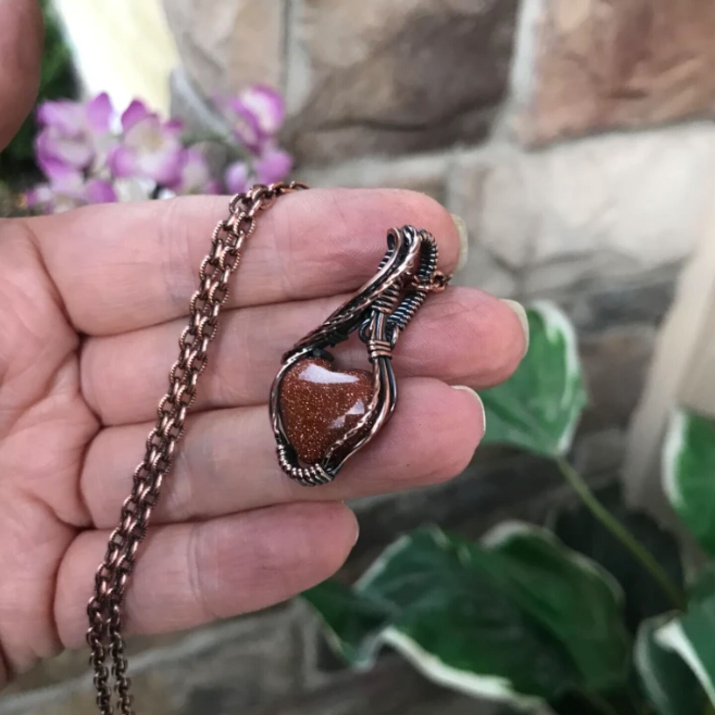 Goldstone Mini Heart Shaped Copper Wire Wrapped Pendant Necklace