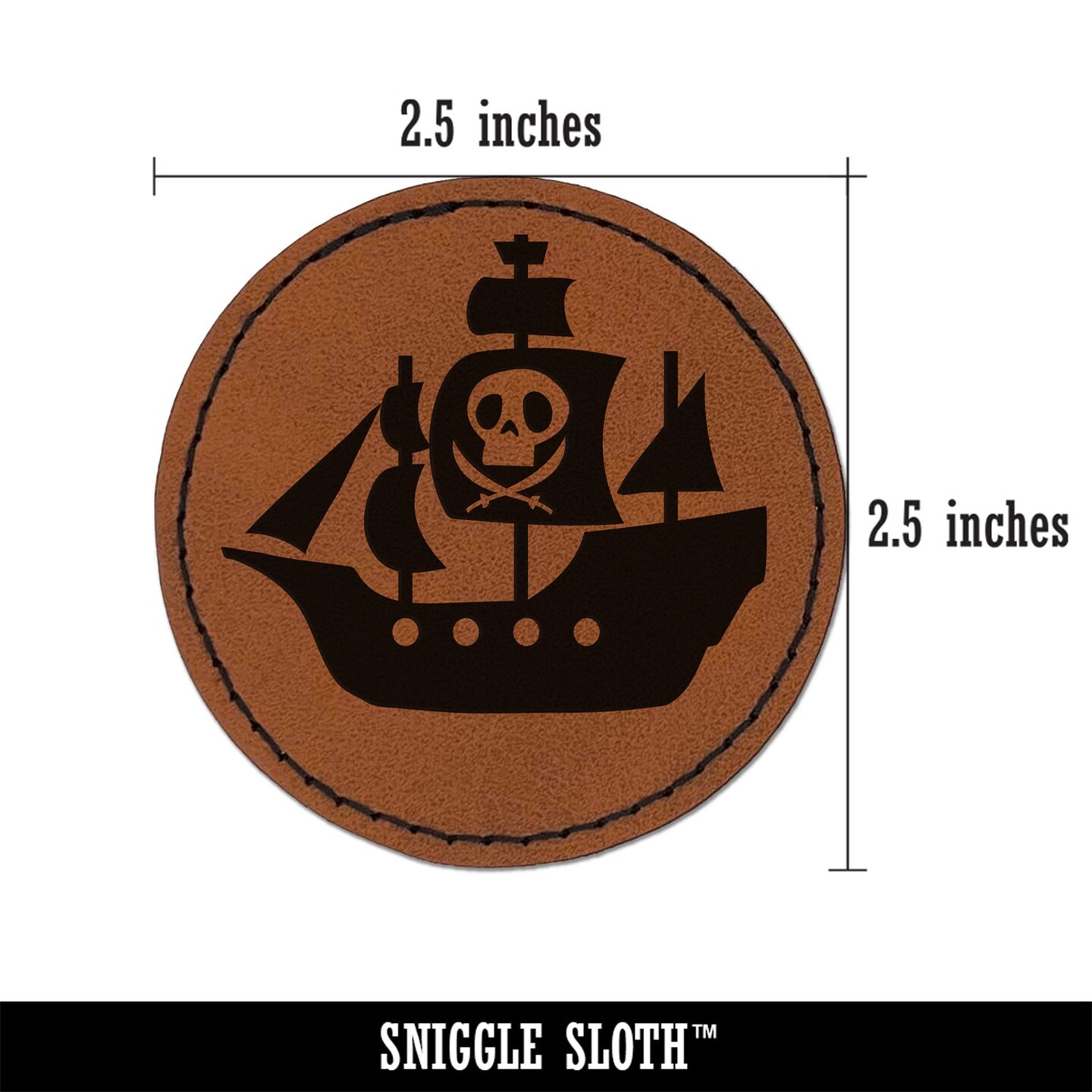 Pirate Ship with Jolly Roger Skull Round Iron-On Engraved Faux Leather Patch Applique - 2.5&#x22;