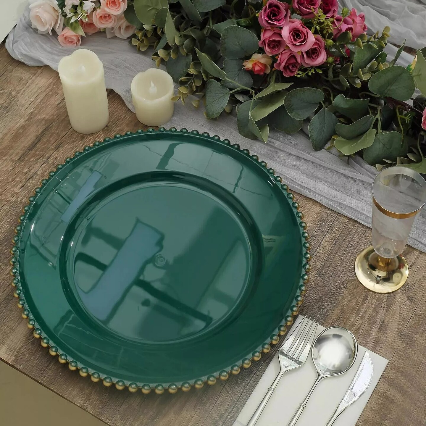 6 Hunter Green 12&#x22; Round Beaded Rim Charger Plates