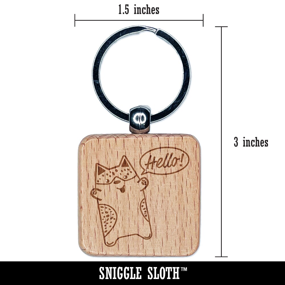 Corgi Dog Hello Doodle Engraved Wood Square Keychain Tag Charm