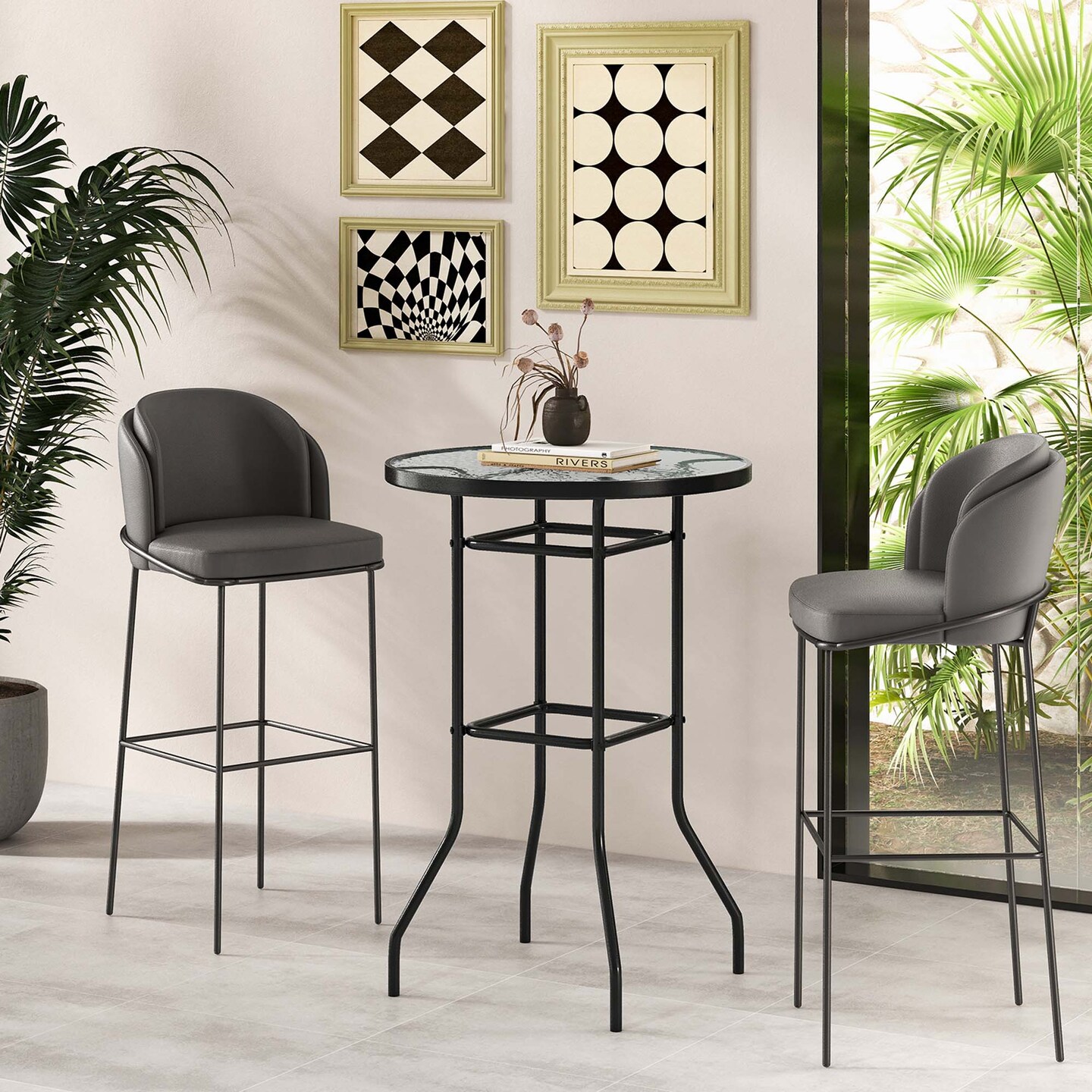 Costway 38'' Patio Round Counter Height Bar Table withTempered Glass Tabletop Poolside