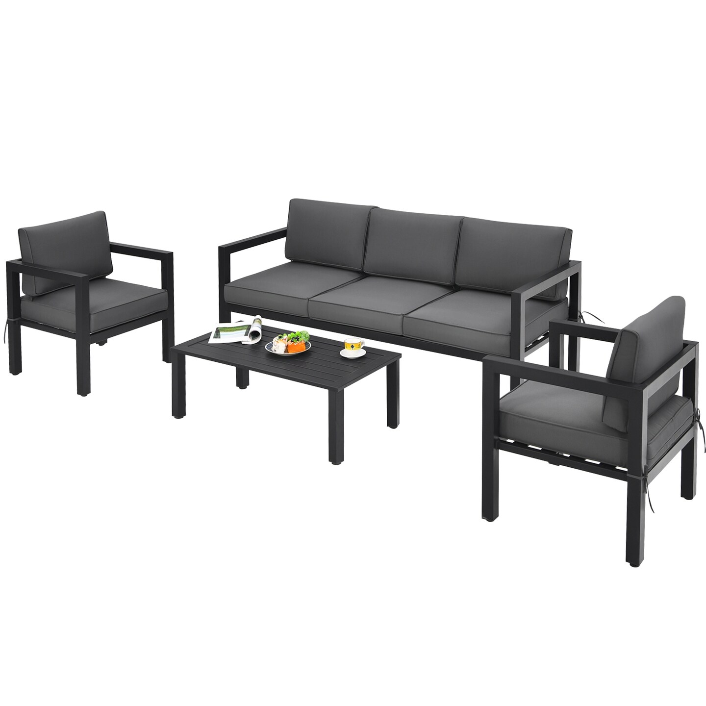 4-Piece Outdoor Patio Set Black Aluminum 3-Seat Sofa 2 Chairs Table