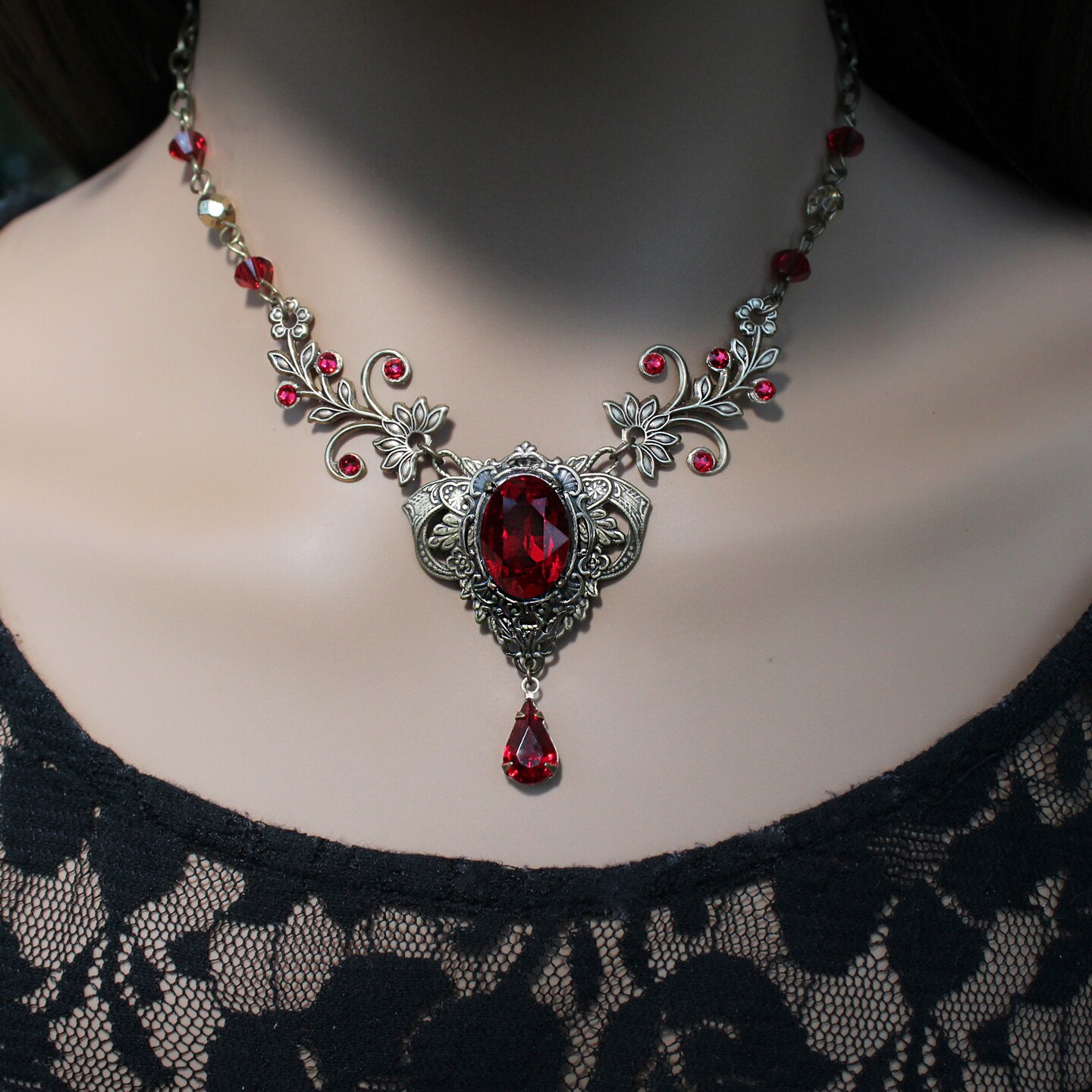 Vintage Brass Scarlet Crystal Necklace with Optional earrings