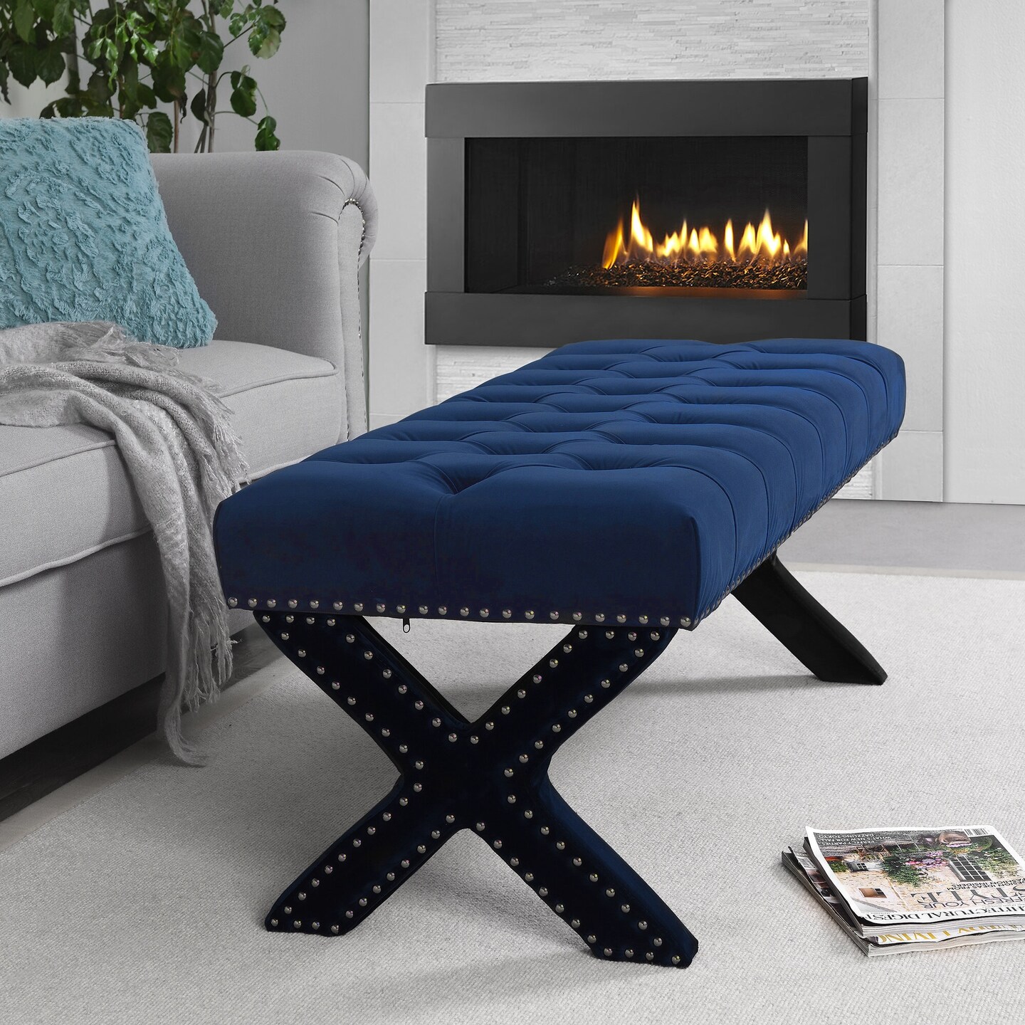 Bryoni Linen/Velvet Button Tufted Silver Nailhead Trim X-Leg Bench