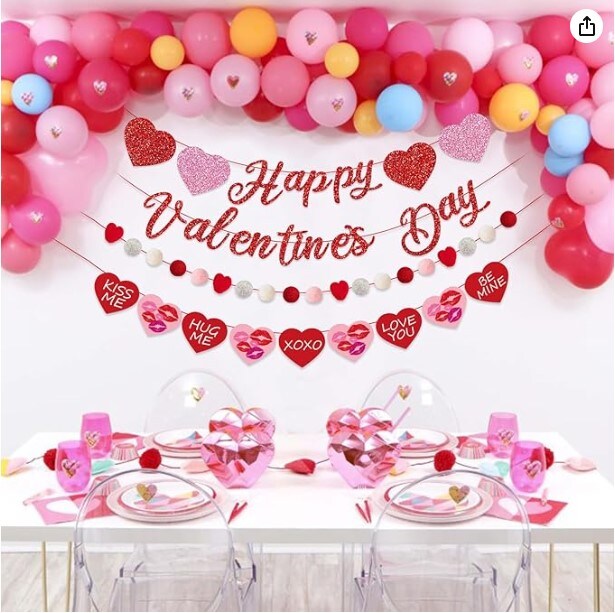 Glitter Happy Valentine&#x27;s Day Banner Hearts Garland Pre Strung Pom Pom, Valentine&#x27;s Day Decorations for Galentines Wedding Anniversary Party Supplies