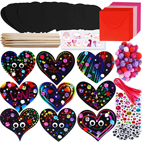27 Sets Magic Color Scratch Paper Heart Ornaments Bookmarks Valentine Craft Kits Scratch Paper Heart Cutouts Pom-poms Googly Eyes for Kids Activity Art Project Party Favor Valentine Tree Decoration