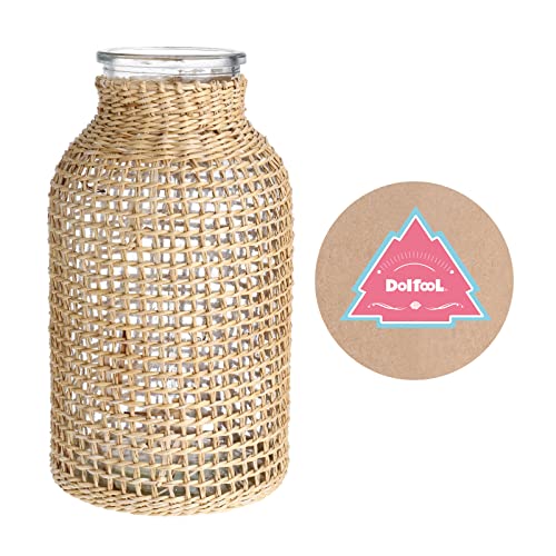 Boho Glass Flower Vase with Rattan Cover, Farmhouse Flower Bud Vase, Round Decorative Flower Vase Floral Container Flower Bottle for Floral Arrangements Housewarming Party Home Decor (L)