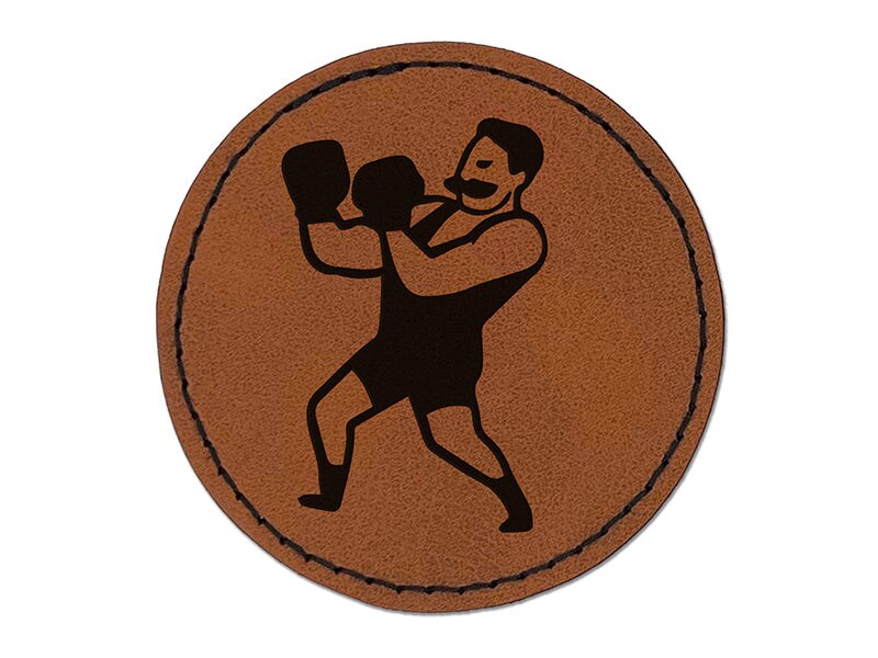 Vintage Boxer Pugilist Fighter Round Iron-On Engraved Faux Leather Patch Applique - 2.5&#x22;
