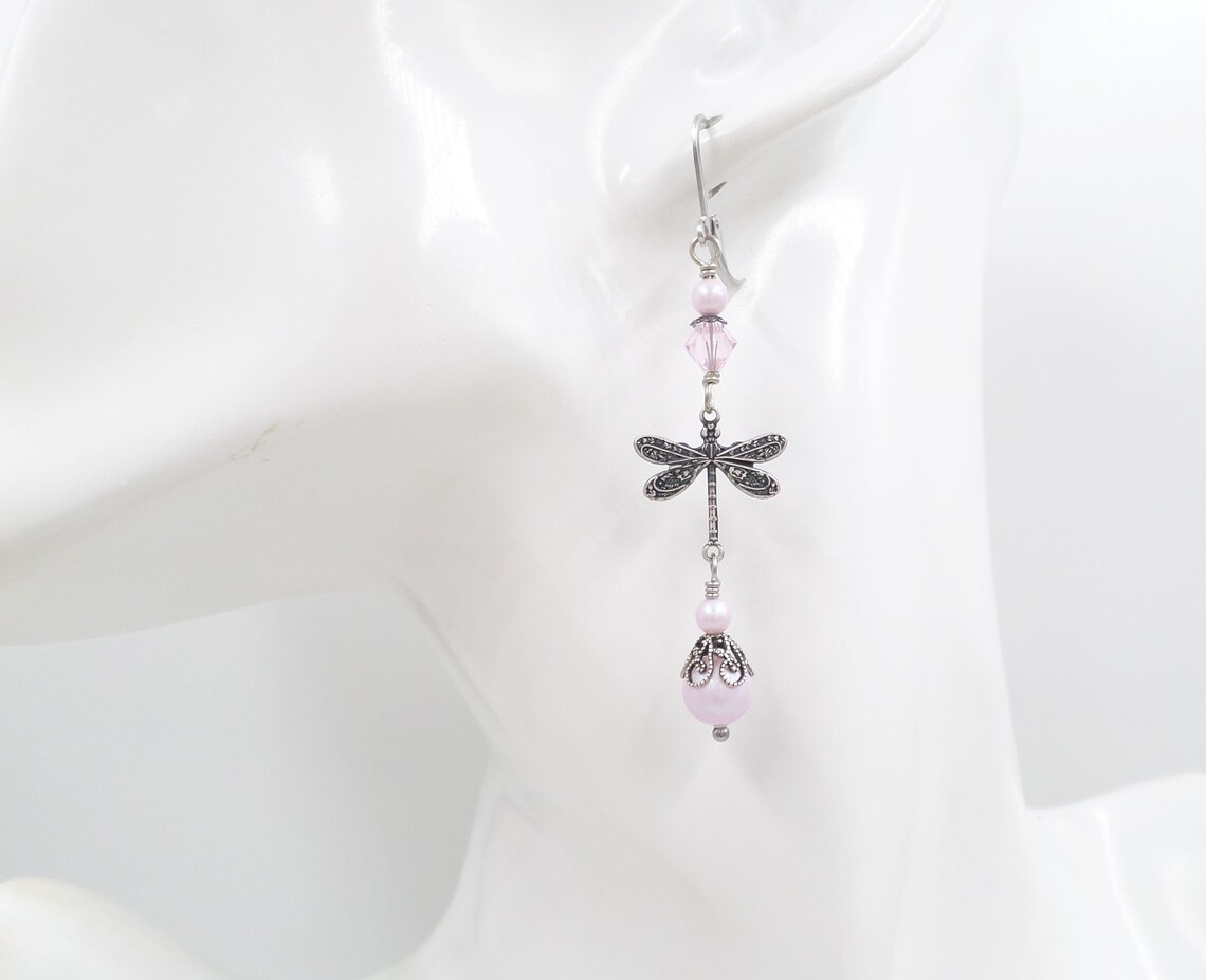 DRAGONFLY EARRINGS BRASS With Pink Crystal Dangling Earrings Pink Fish Hooks  