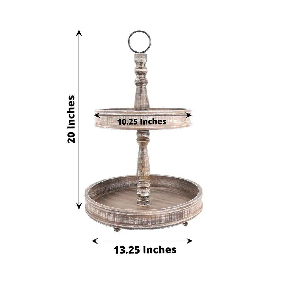 BROWN 20&#x22; Round 2 Tier Wooden CUPCAKE STAND Dessert Serving Tray