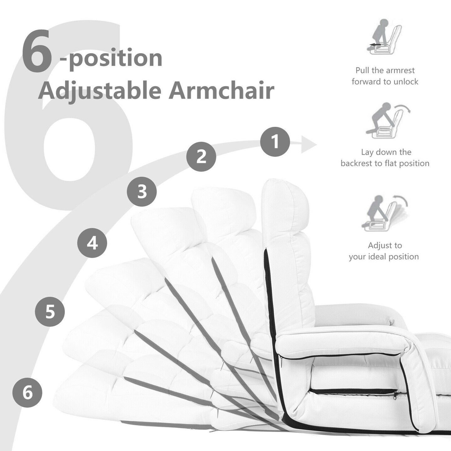Multi-Position Adjustable Floor Armchair with Lumbar Pillow and Removable Cushion