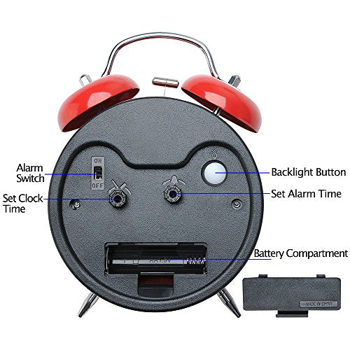 4 Inches Twin Bell Loud Alarm Clock for Heavy Sleerpers, Backlight, Battery Operated Old Fashioned Alarm Clock for Bedrooms (Red)