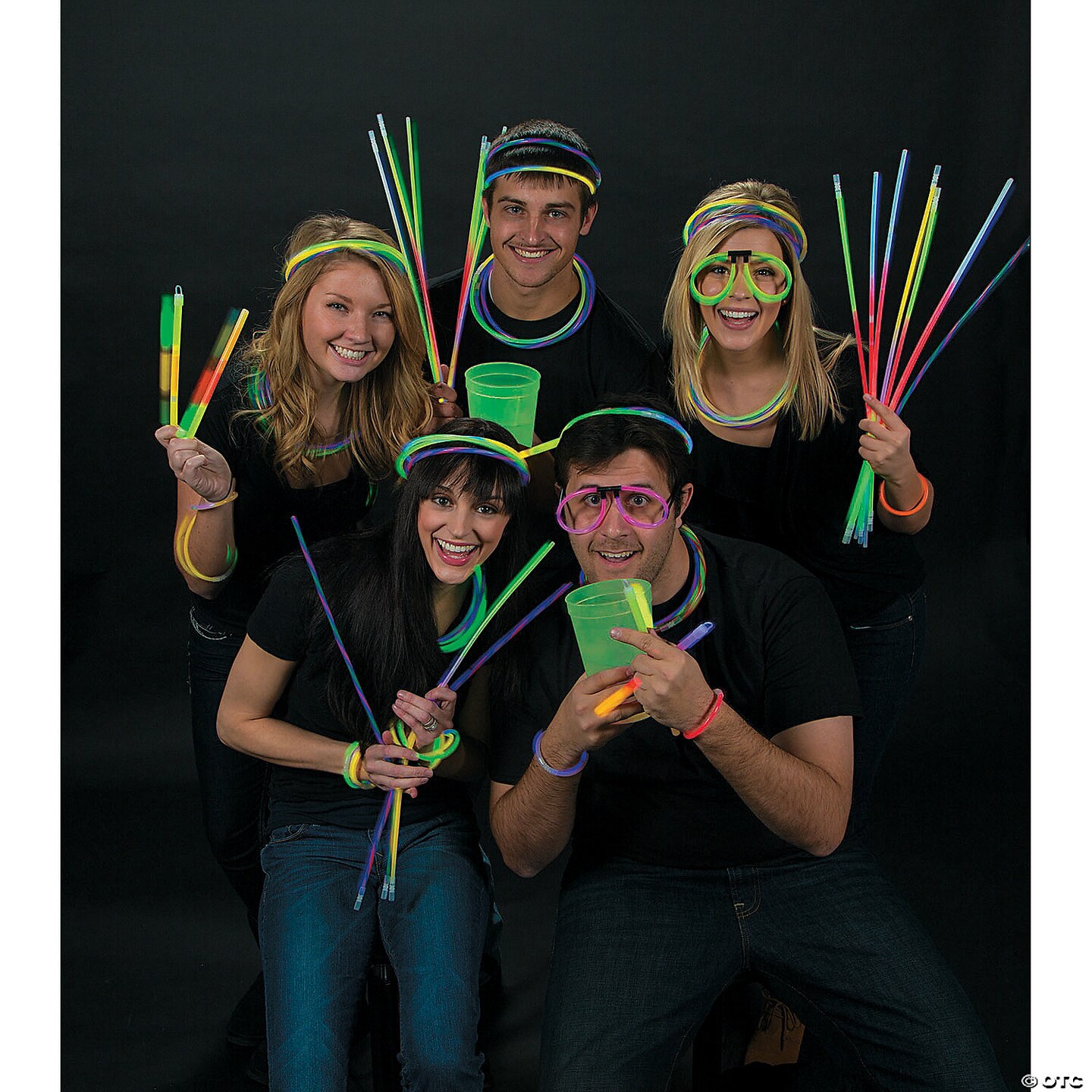 Red Blue & Green Glow Glasses with Black Plastic Ear Pieces 8" Bulk 48 Pc