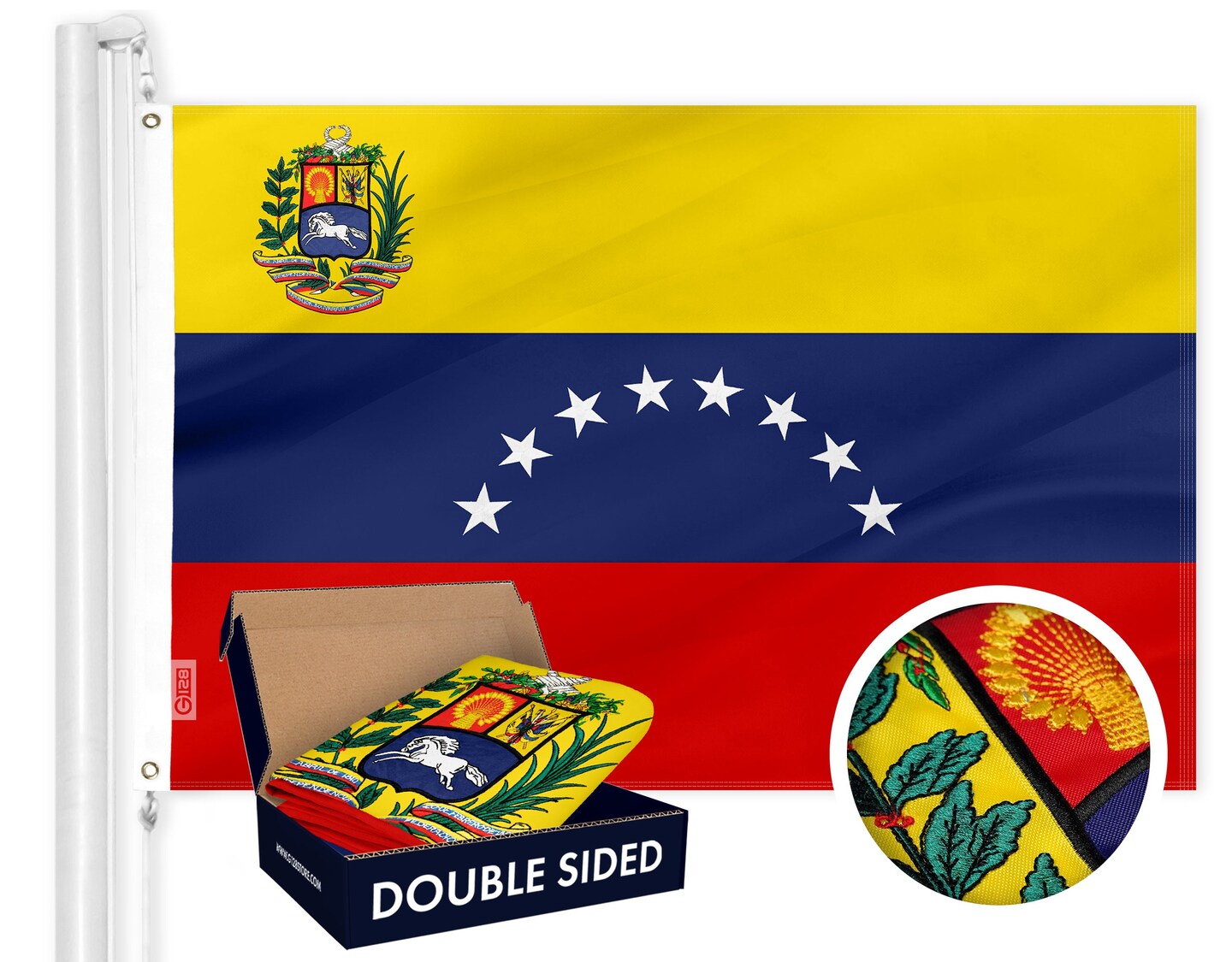G128 Venezuela (Venezuelan) Flag | 3x5 feet | Double Sided Embroidered 210D Indoor/Outdoor, Brass Grommets, Heavy Duty Polyester