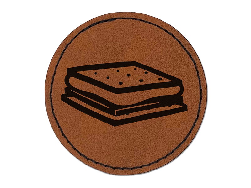 S&#x27;mores Graham Cracker Chocolate Marshmallow Campfire Snack Round Iron-On Engraved Faux Leather Patch Applique - 2.5&#x22;