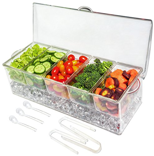 5 Compartment Condiment Server Caddy - Serving Tray Container with 5 Removable Dishes with Over 2 Cup Capacity Each and Hinged Lid | 3 Serving Spoons + 3 Tongs Included