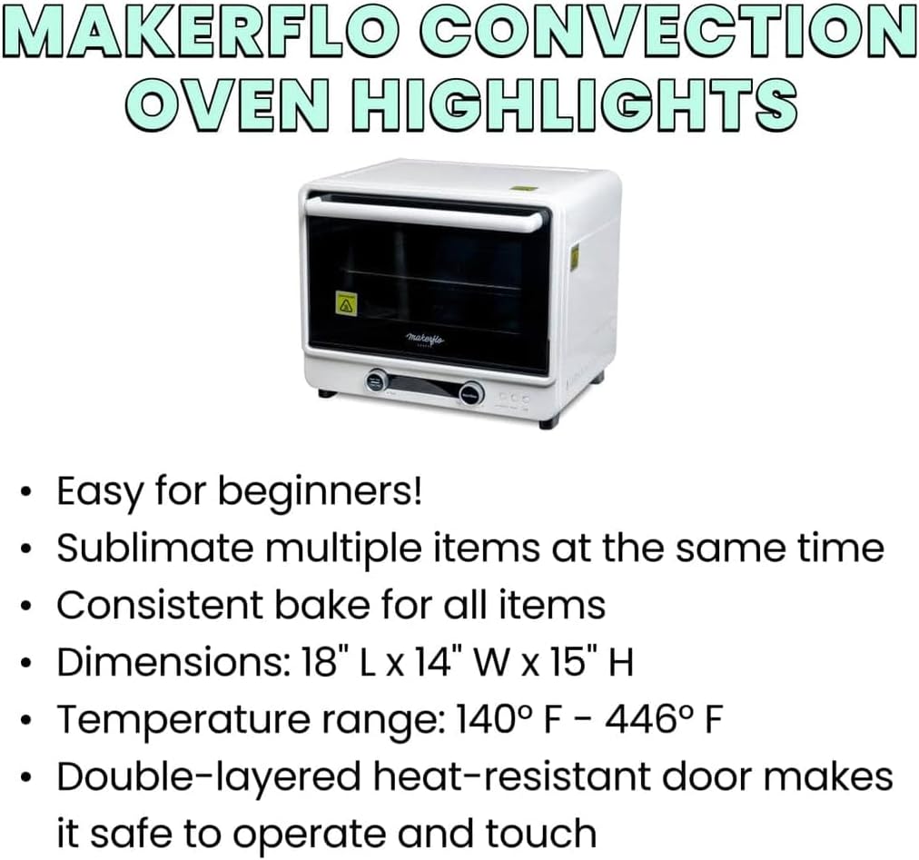 Makerflo 40 L Sublimation Oven for Tumbler, Bottle, Mug| Heat Resistant Gloves, 1 Wire Shelf, 1 Metal Mesh Shelf for Smaller Objects, and 1 Catch Plate | Ideal Gift for Crafters
