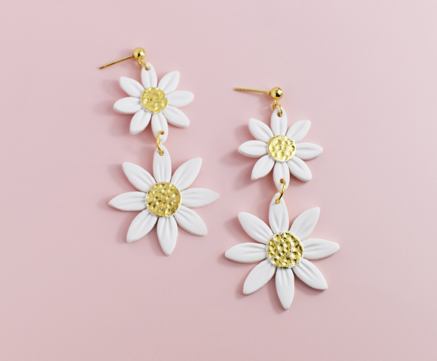 White Wild Daisy & Leaf Polymer Clay Drop Studs - Shop Indie