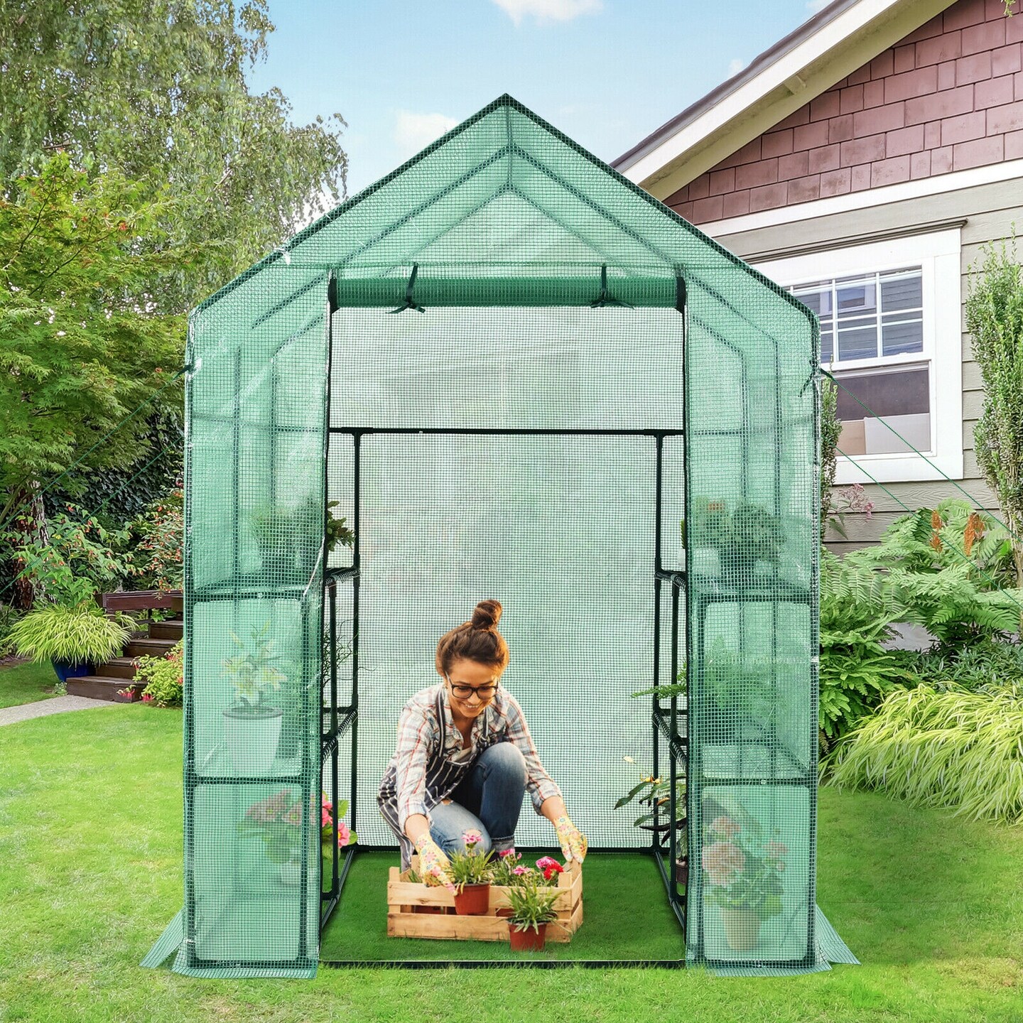 Walk-in Gardening Greenhouse with Observation Windows and Zipper Roll-up Door