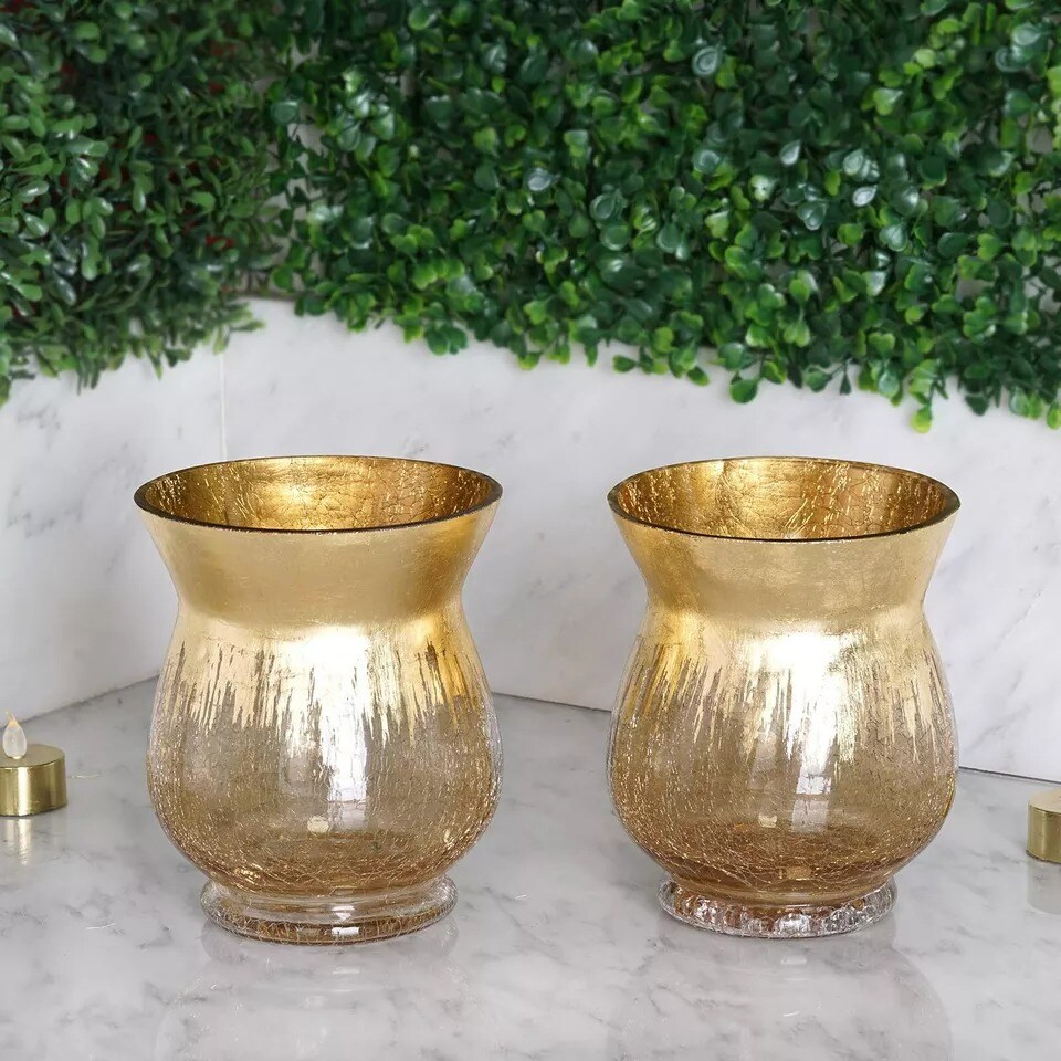 4 GOLD 6&#x22; tall Crackle Glass Candle Holders Vases