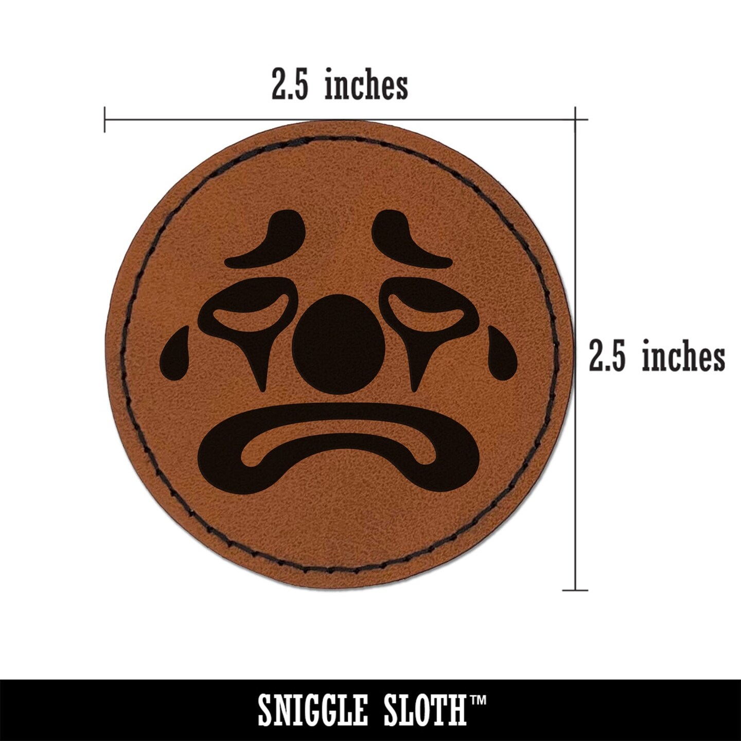 Sad Clown Face Round Iron-On Engraved Faux Leather Patch Applique - 2.5&#x22;