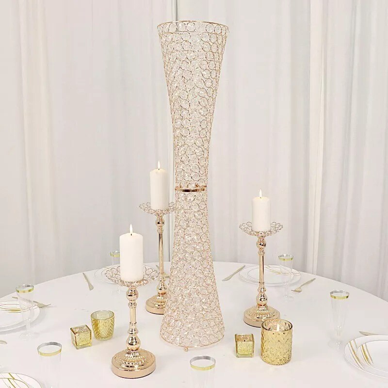 36" Gold Metal Crystal Beads Hurricane Flower Vase Centerpiece