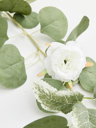 MISSPIN 2pcs Artificial Flowers Garland Eucalyptus Garland Vintage Fake Flower Peony Rose Vine Greenery Decorative Wall Hanging Plant for Wedding Arch Door Arrangement Party Decor (White,2pcs)