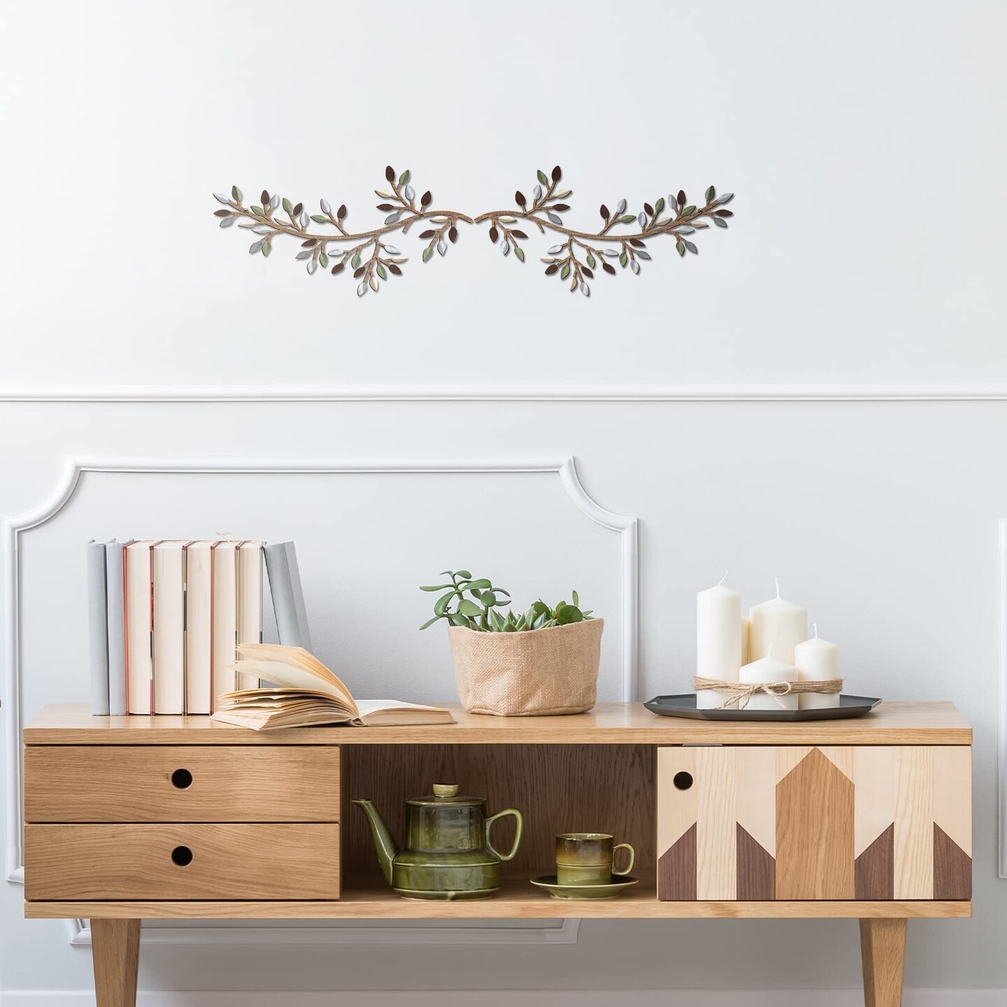 2 PCS Metal Tree Leaf Wall Decor Vine Olive Branch Wall Art Wrought Iron Scroll Sculptures Above the Bed, Living Room, Outdoor Decoration Multicolor