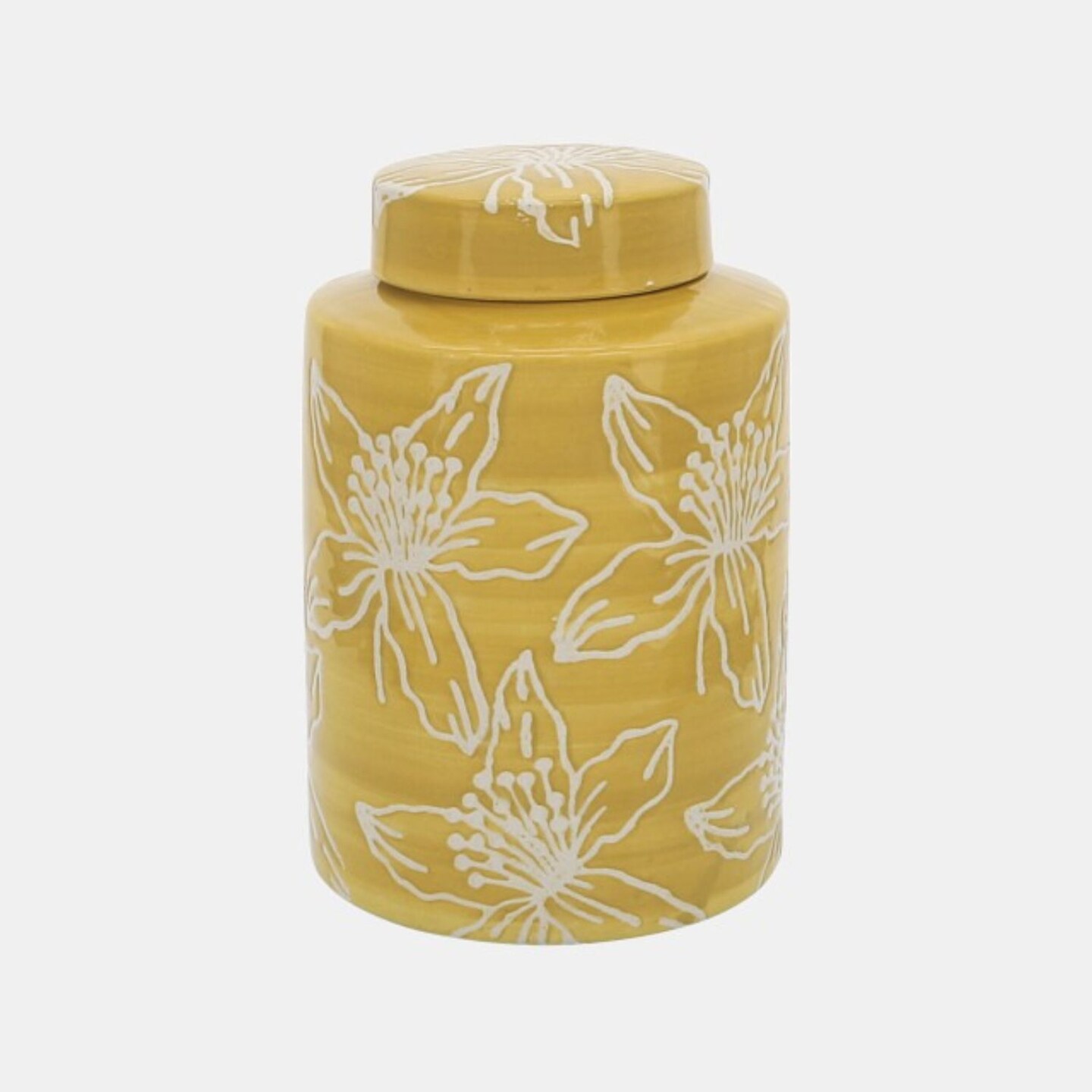 Kingston Living Floral Ceramic Jar with Lid - Yellow and White - 9&#x22;