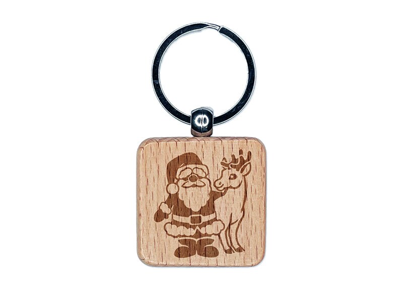 Santa Claus Standing with Reindeer Christmas Engraved Wood Square