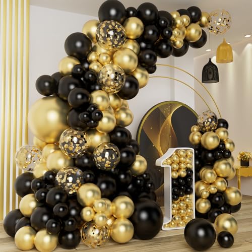 DBKL 138pcs Black and Gold Balloons Garland Arch Kit with Black Gold Confetti Balloons for New Year Decorations Birthday Graduation Baby Shower Party Decorations