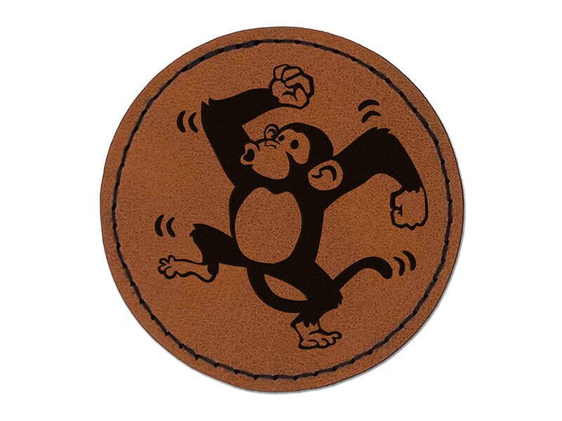 Fun Dancing Monkey Round Iron-On Engraved Faux Leather Patch Applique - 2.5&#x22;