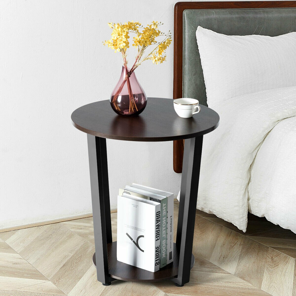 2-tier Round End Table with Storage Shelf &#x26; Metal Frame