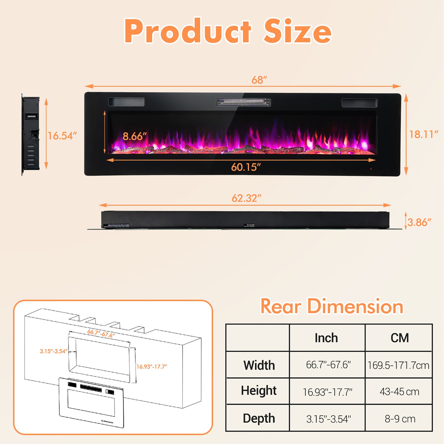 Costway 68'' Ultra-Thin Electric Fireplace Recessed Wall Mounted W/Crystal Log Decoration