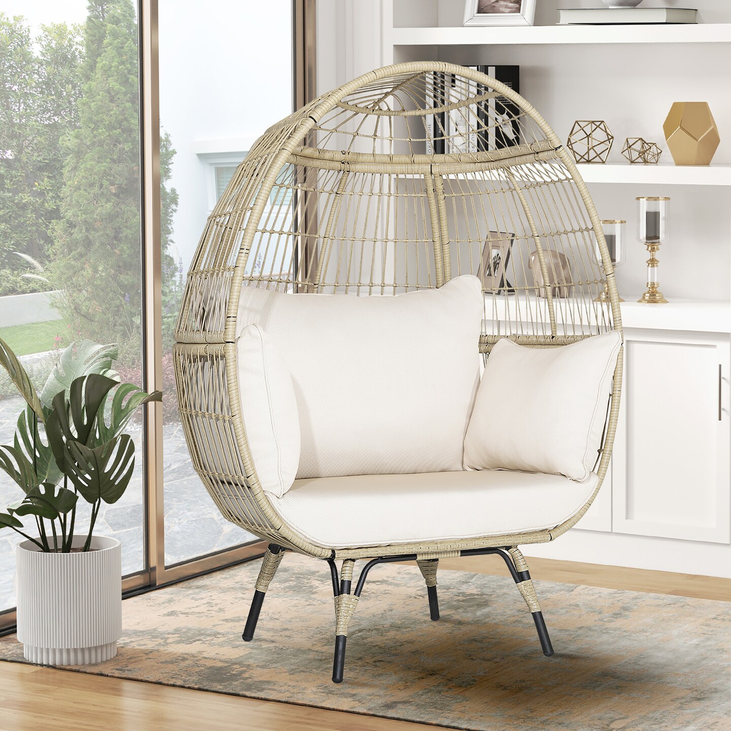 Costway Patio Oversized Rattan Egg Chair Lounge Basket with 4 Cushions for Indoor Outdoor