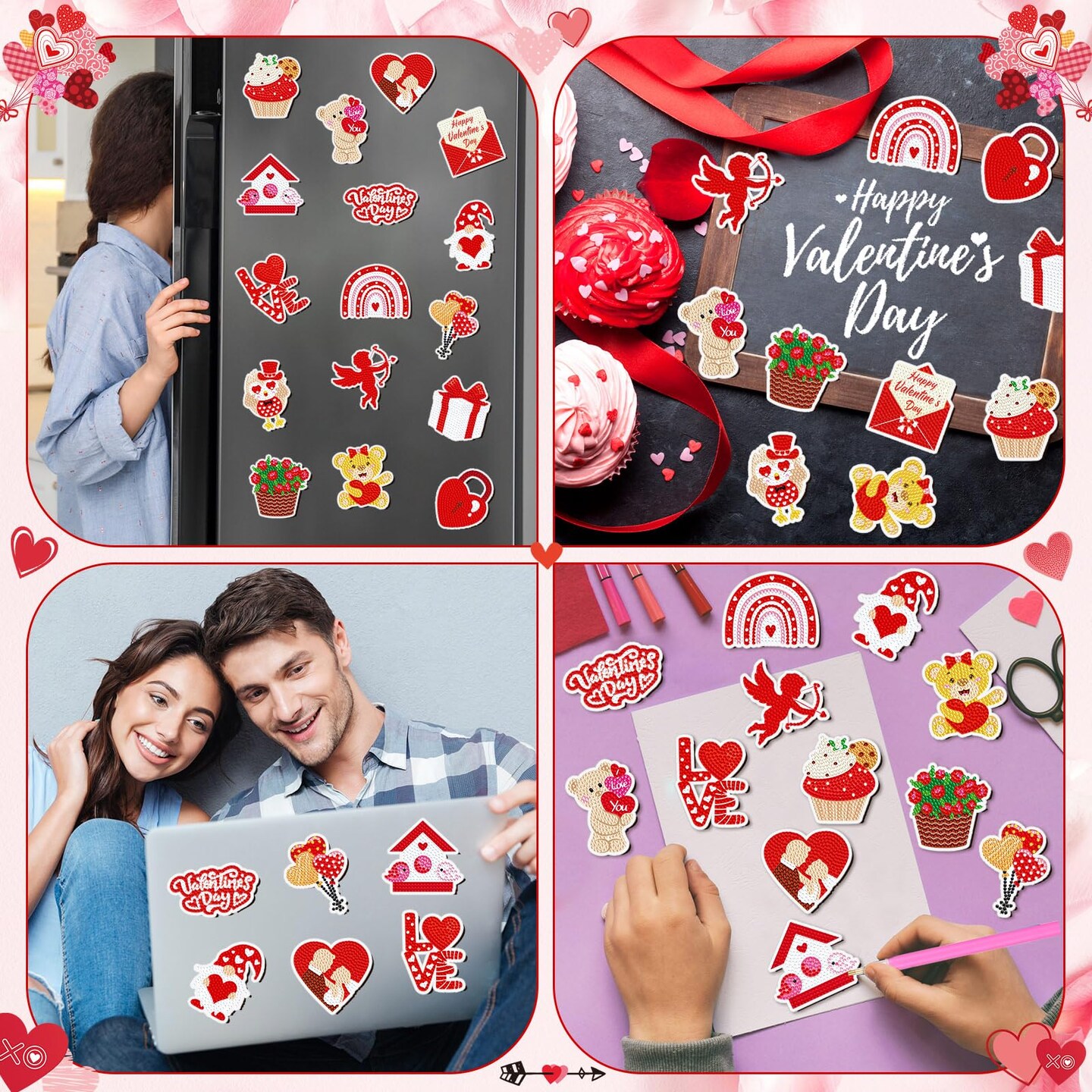 Umigy 16 Pcs Valentine&#x27;s Day Diamond Painting Magnets for Refrigerator Heart Love Gnome Diamond Art Magnets DIY Red Valentines Day Diamond Painting Kits Diamond Art for Adults Kids Crafts Gifts