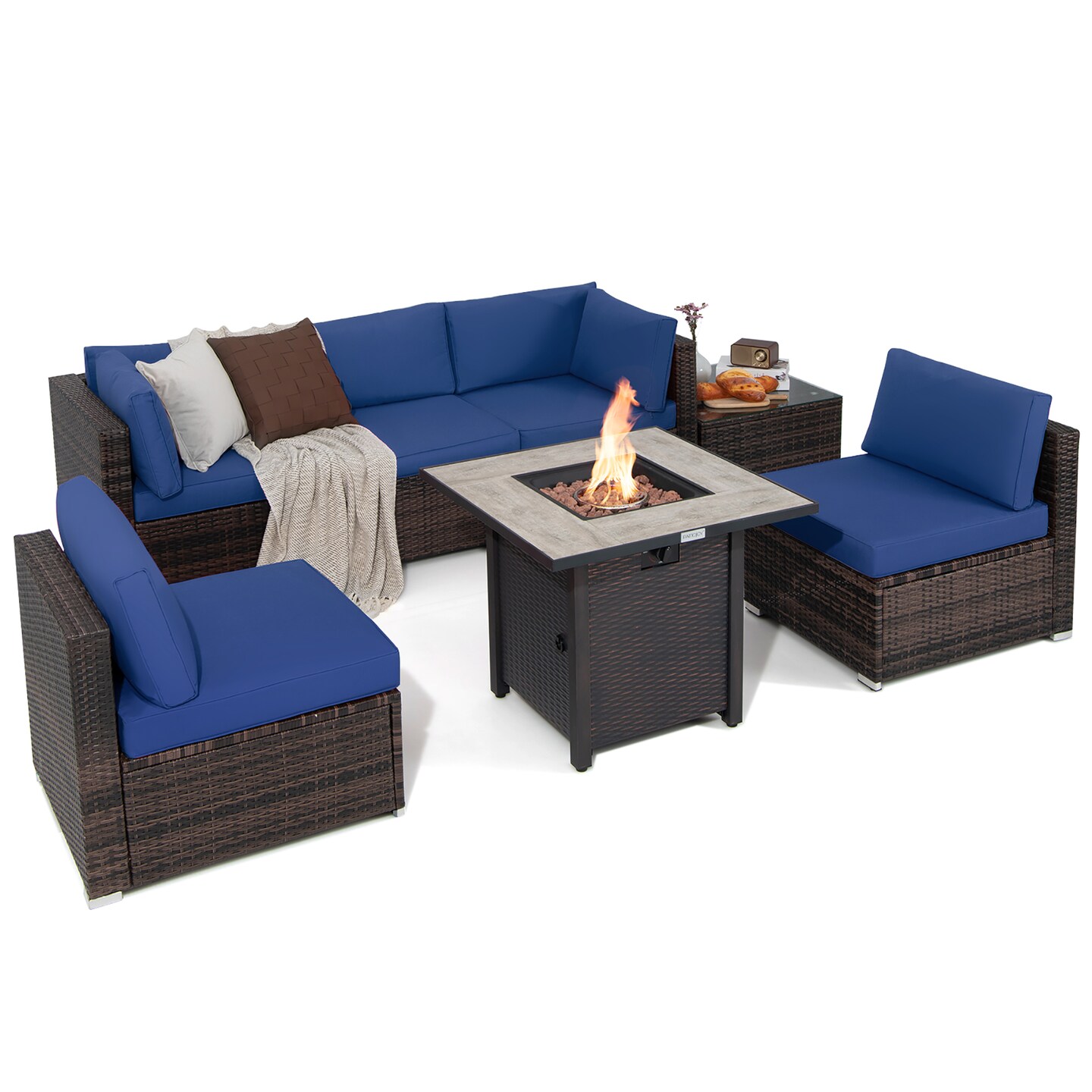 Costway 7PCS Patio Rattan Furniture Set 30&#x27;&#x27; Fire Pit Table Cover Cushion Sofa Off White\Black\Navy\Red\Turquoise
