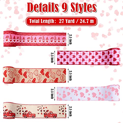 9 Rolls Valentine&#x27;s Day Wired Edge Ribbon Love Red Heart Pattern Ribbon Happy Valentine&#x27;s Day Truck Ribbons for Christmas Gift Wrap DIY Crafts Wedding Birthday Party Decoration Bow 2.5 Inch