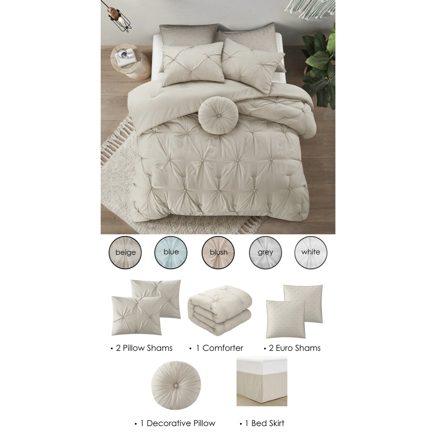 Dixon Comforter Set With Pillow Shams, Euro Shams, Decorative Pillow and Bed Skirt