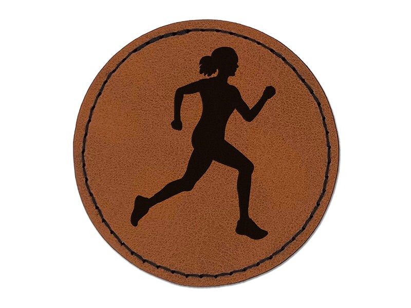 Woman Running Marathon Cardio Exercise Round Iron-On Engraved Faux Leather Patch Applique - 2.5&#x22;