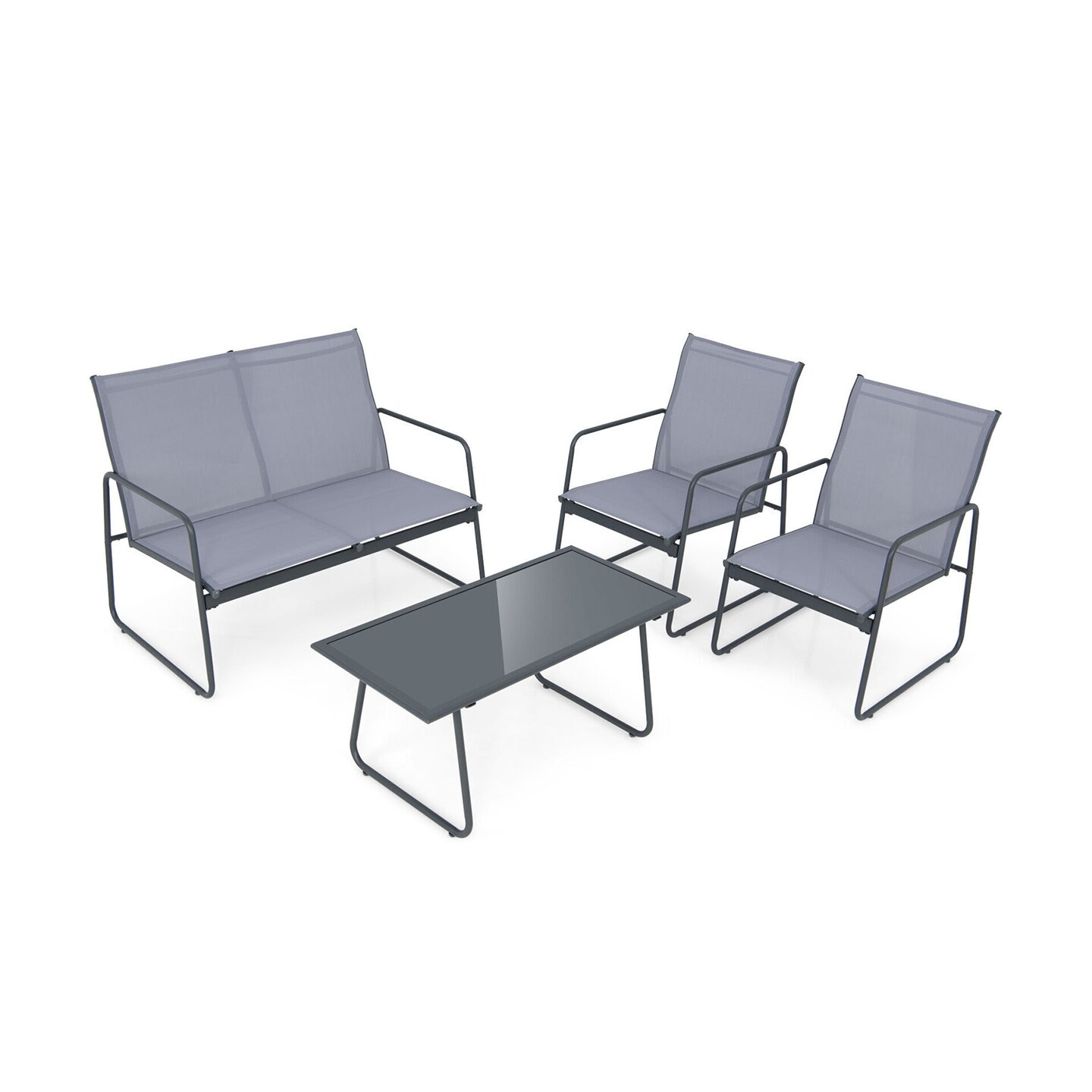 Grey Black Patio Sofa Set 4-Piece Loveseat 2 Chairs Coffee Table Steel Frame