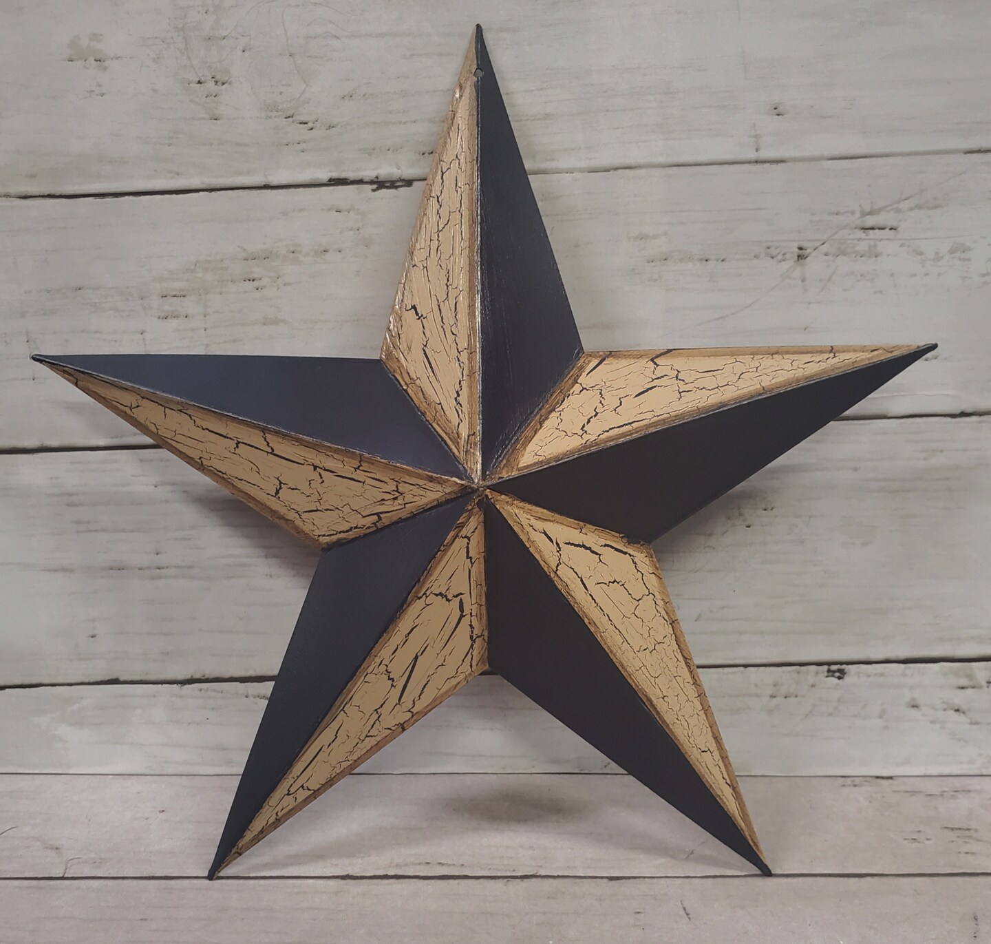 Primitive Metal Barn Star Crackle Painted Black and Tan