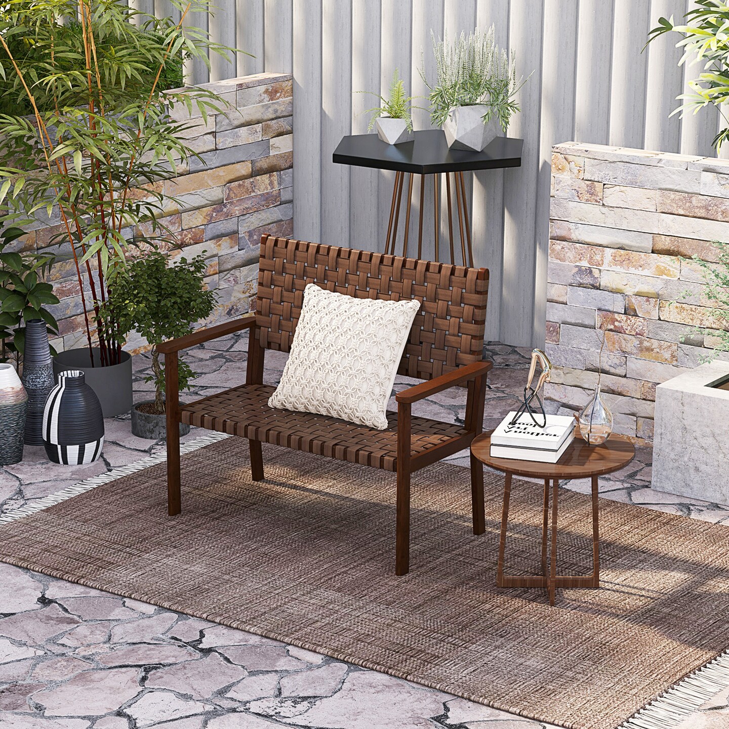 Outdoor All Weather Bench With Solid Rubber Wood Frame And Hand Woven Pu Leather