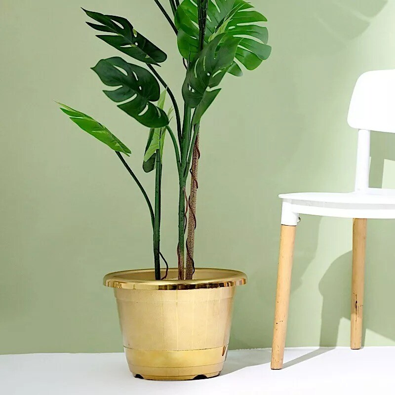 GOLD 10&#x22; PLASTIC FLOWER PLANT POT Metallic Barrel Design
