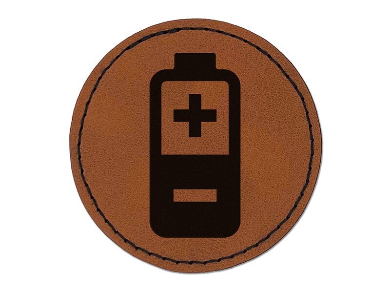 Battery Icon Round Iron-On Engraved Faux Leather Patch Applique - 2.5&#x22;