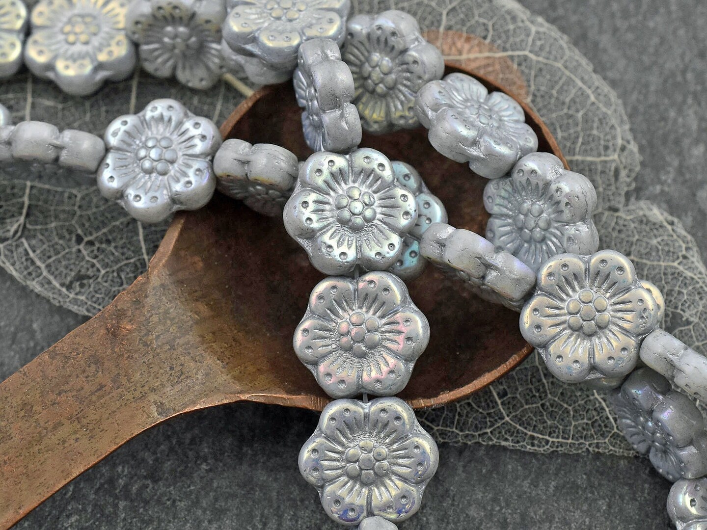 *12* 14mm Grey Washed Opaque Grey AB Wildflower Beads