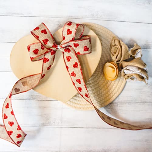 1.5&#x22; x 20 Yards x 1 Roll Faux Jute with Red Glitter Heart Wired Ribbon for Home Decor, Gift Wrapping, DIY Crafts