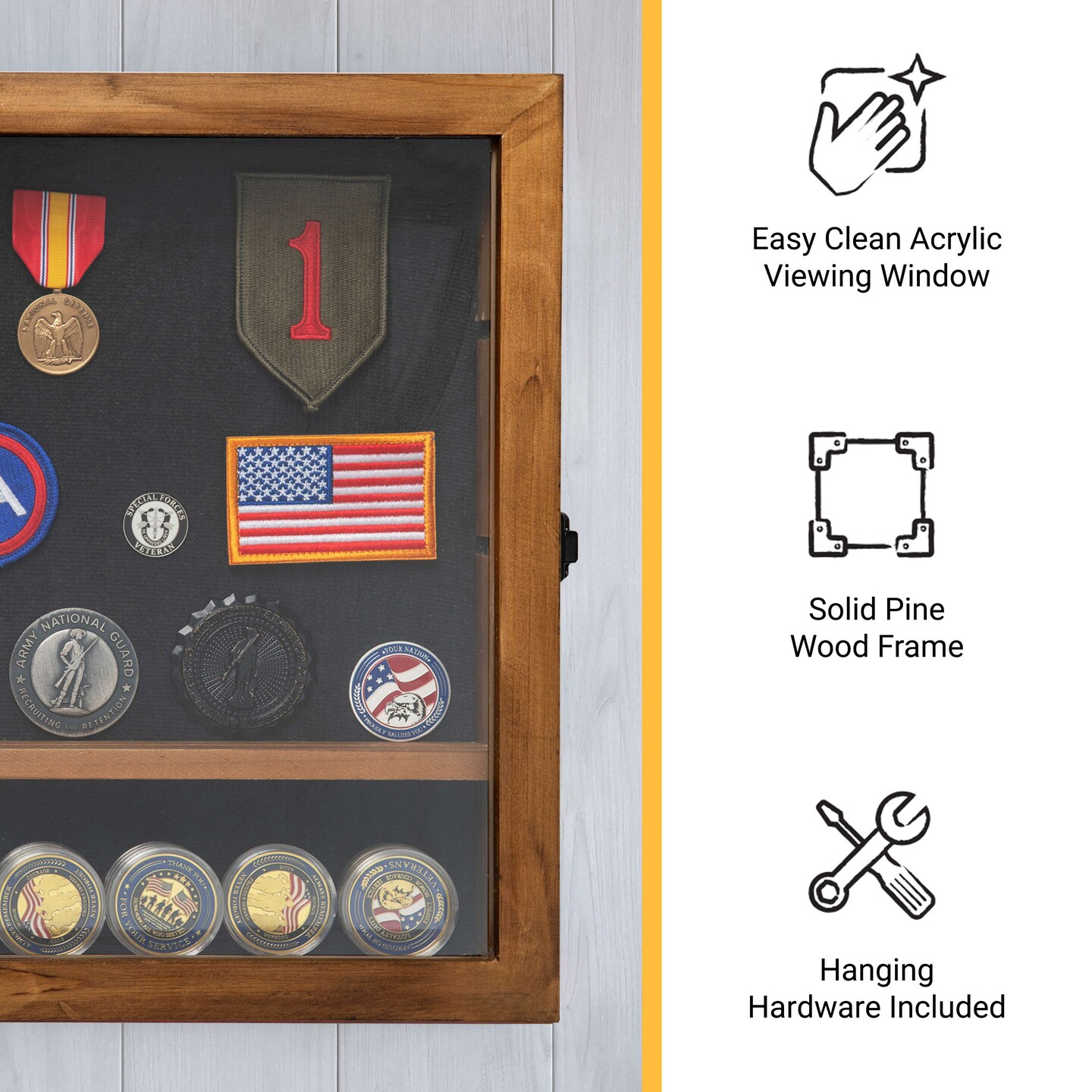 HBCY Creations Medals Display Case - Solid Wood with Acrylic Window - Anti-Theft Lock with 2 Keys - For Mementos and Keepsakes