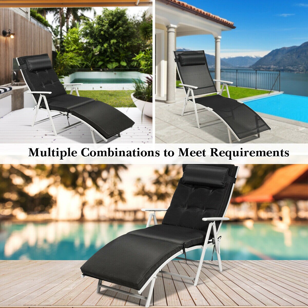 Costway Folding Chaise Lounge Chair w/Cushion Black\Gray\Turquoise